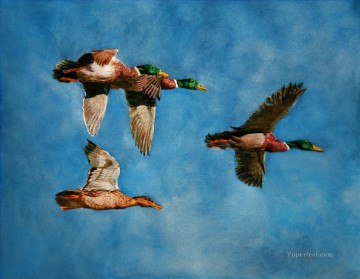 Animal Painting - ánades reales volando aves acuarela
